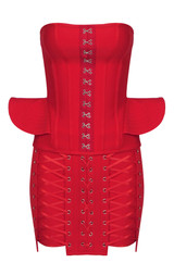 Strapless Corset Lace Up Peplum Dress Red
