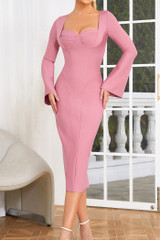 Long Sleeve Draped Bustier Midi Dress Pink