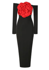 Long Sleeve Flower Maxi Dress Black Red