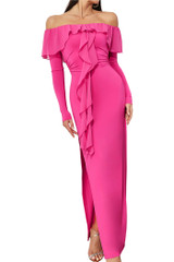 Long Sleeve Ruffle Maxi Dress Hot Pink