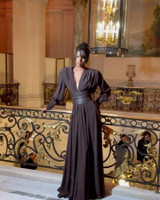 Long Sleeve Plunge V Neck Maxi Dress Brown