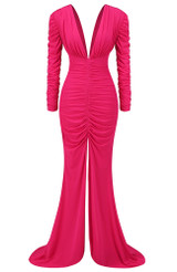 Long Sleeve Ruched Mermaid Maxi Dress Hot Pink