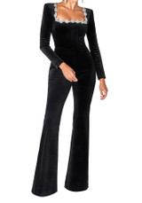 Long Sleeve Crystal Neckline Jumpsuit Black