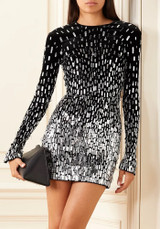 Long Sleeve Crystal Sequin Velvet Dress Black