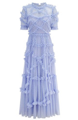 Short Sleeve Ruffle A Line Maxi Dress Blue