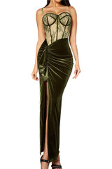 Lace Corset Draped Maxi Velvet Dress Green