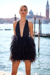 Halter Crystal Feather Dress Black