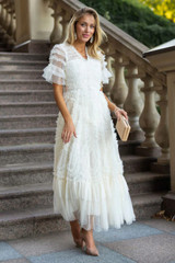 Short Sleeve Ruffle A Line Maxi Dress Ivory