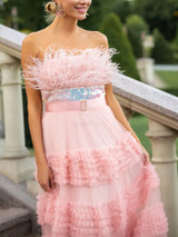 Strapless Feather Sequin Maxi Dress Pink