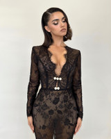 Long Sleeve Scalloped Lace Maxi Dress Black