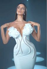 Strapless Flower Detail Crystal Mermaid Maxi Dress White