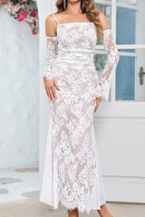 Long Sleeve Draped Lace Maxi Dress White
