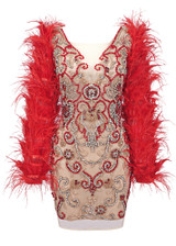 Feather Long Sleeve Crystal Dress Red