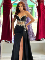 Strapless Crystal Floral Corset Maxi Velvet Dress Black Strapless Crystal Floral Corset Maxi Velvet Dress Black