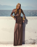 Long Sleeve Mesh Insert Draped Maxi Dress Brown Long Sleeve Mesh Insert Draped Maxi Dress Brown