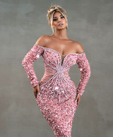 Long Sleeve Bardot Crystal Sequin Maxi Dress Pink Long Sleeve Bardot Crystal Sequin Maxi Dress Pink