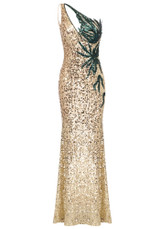 One Shoulder Sequin Maxi Dress Gold Green