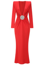 Long Sleeve Draped Embellished Maxi Dress Red
