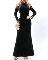 Long Sleeve Pearl Crystal Maxi Velvet Dress Black Long Sleeve Pearl Crystal Maxi Velvet Dress Black