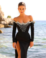 Long Sleeve Bardot Pearl Maxi Velvet Dress Black Long Sleeve Bardot Pearl Maxi Velvet Dress Black