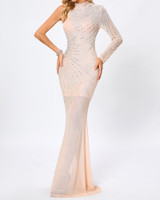 One Sleeve Embellished Mesh Maxi Dress Nude One Sleeve Embellished Mesh Maxi Dress Nude