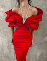 Halter Crystal Draped Bardot Maxi Dress Red Halter Crystal Draped Bardot Maxi Dress Red