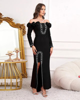 Long Sleeve Bardot Floral Crystal Maxi Dress Black Long Sleeve Bardot Floral Crystal Maxi Dress Black