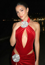 Halter Floral Maxi Velvet Dress Red