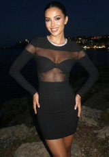 Long Sleeve Crystal Neckline Mesh Dress Black