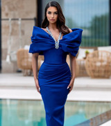 Halter Crystal Draped Bardot Maxi Dress Blue Halter Crystal Draped Bardot Maxi Dress Blue