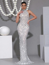 Halter Crystal Maxi Dress White Halter Crystal Maxi Dress White