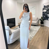 Draped Backless Maxi Dress Blue Draped Backless Maxi Dress Blue