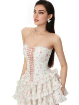 Strapless Floral Ruffle Corset Dress White Pink Strapless Floral Ruffle Corset Dress White Pink