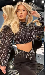 Long Sleeve Pearl Crystal Two Piece Maxi Dress Black Long Sleeve Pearl Crystal Two Piece Maxi Dress Black
