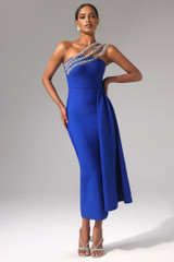 One Shoulder Crystal Straps Midi Dress Blue
