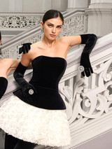 Strapless Corset Floral A Line Velvet Dress Black White