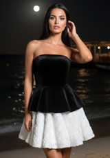 Strapless Corset Floral A Line Velvet Dress Black White