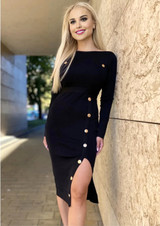 Long Sleeve Button Detail Midi Dress Black