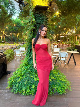 Strapless Draped Detail Maxi Dress Red