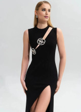 Crystal Floral Asymmetric Maxi Dress Black