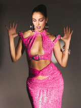 Halter Crystal Ruched Maxi Dress Hot Pink