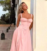 Ruched Bustier Corset A Line Midi Dress Pink Ruched Bustier Corset A Line Midi Dress Pink