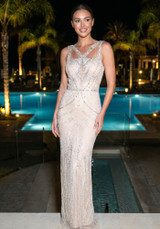 Crystal Pearl Sequin Maxi Dress Nude