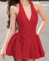 Halter Floral Detail A Line Dress Red Halter Floral Detail A Line Dress Red