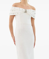 Crystal Draped Bardot Midi Dress White Crystal Draped Bardot Midi Dress White