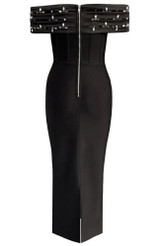 Crystal Draped Bardot Midi Dress Black Crystal Draped Bardot Midi Dress Black