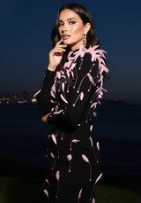 Long Sleeve Feather Backless Maxi Dress Black Pink