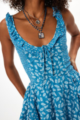 Floral Ruffle Detail A Line Dress Blue Floral Ruffle Detail A Line Dress Blue