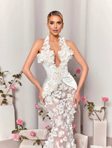 Halter Floral Embellished Maxi Dress White