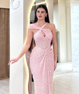 Halter Draped Sequin Maxi Dress Pink